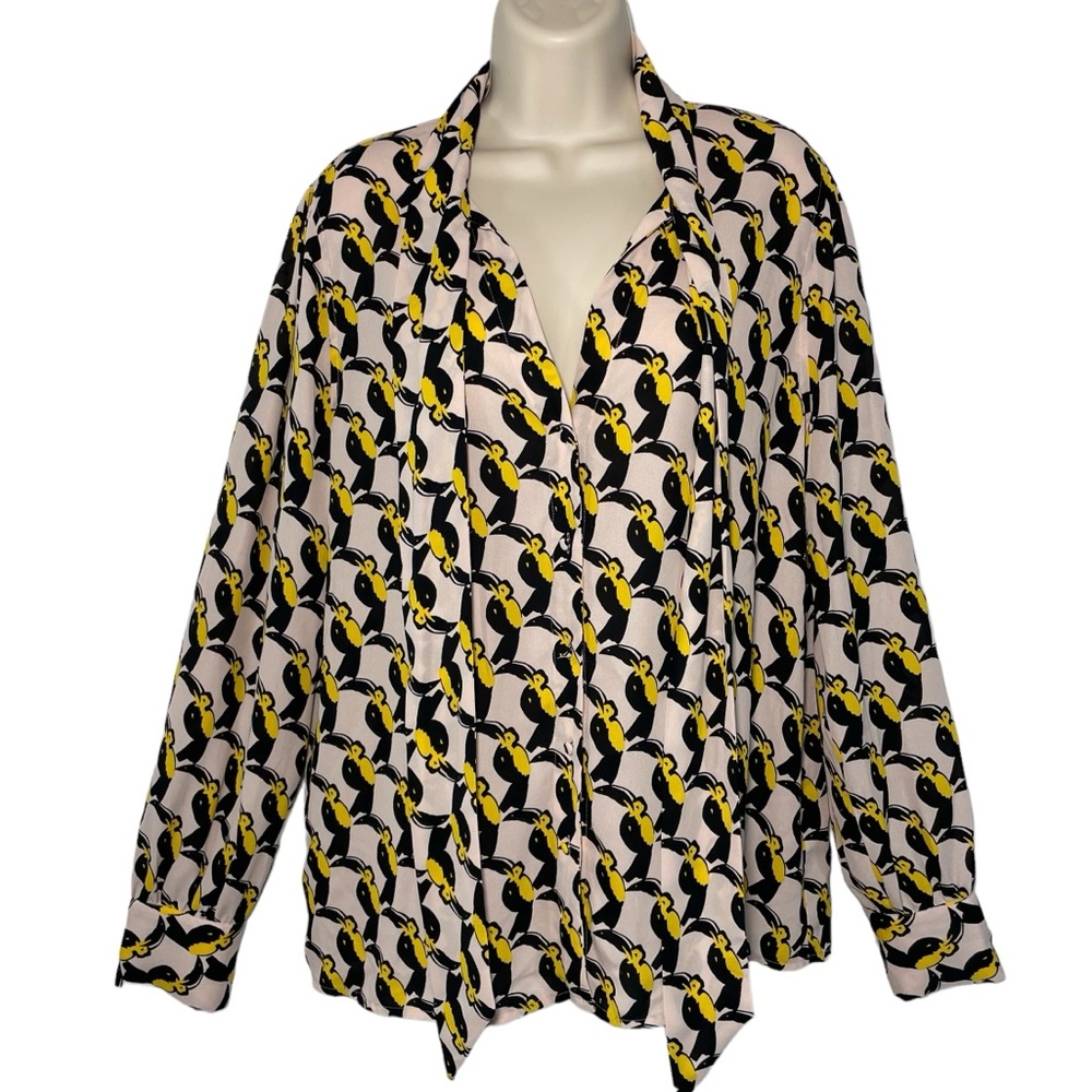 Avec Les Filles pink toucan print  blouse neck bow button down sz xl - Picture 6 of 10